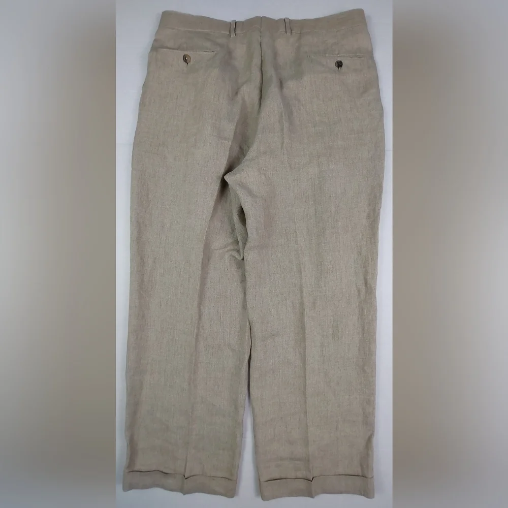 Paul Fredrick Dress Pants Mens Size 38x29 Beige Tan 100% Linen Pleated Cuffed